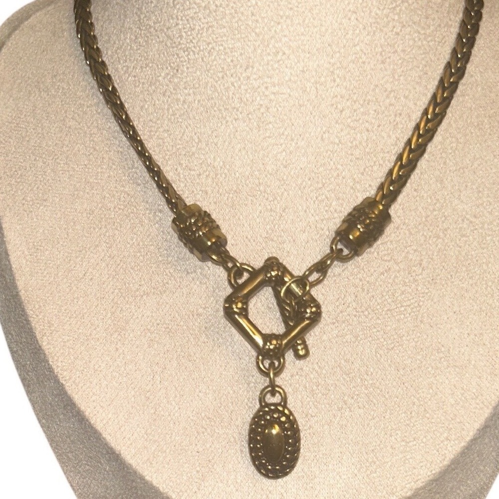 Brighton‎ Bronze Braided Wheat Chain Necklace Square Toggle Beaded Oval Pendant
